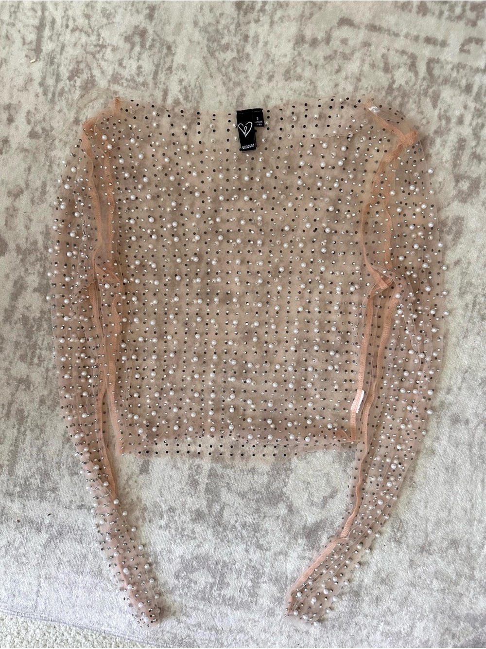 Windsor Mesh Pearl-Embellished Long Sleeve Top - Blush Pink